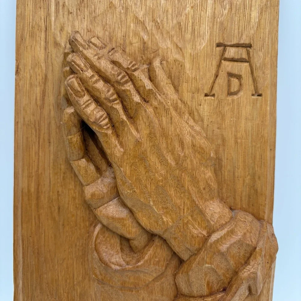 VTG Praying Hands Wall Wooden Plaque, Religious Decor, Hand Carved 9